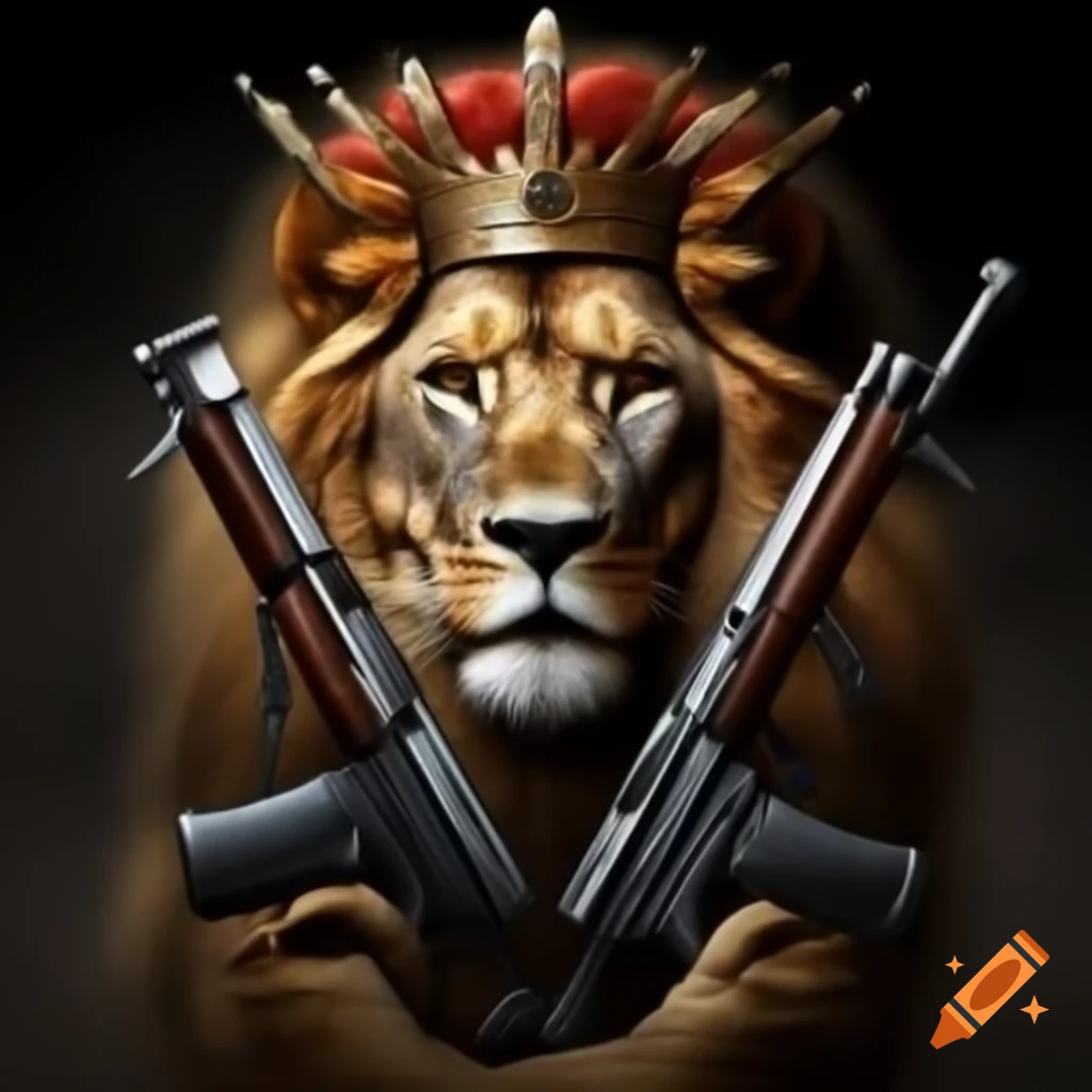 Mean looking lion with crown and guns, profile picture