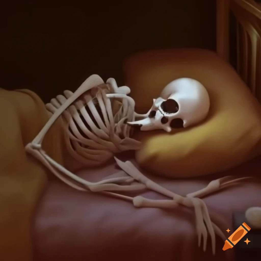 Skeletal figure resting peacefully in bed under a blanket on Craiyon