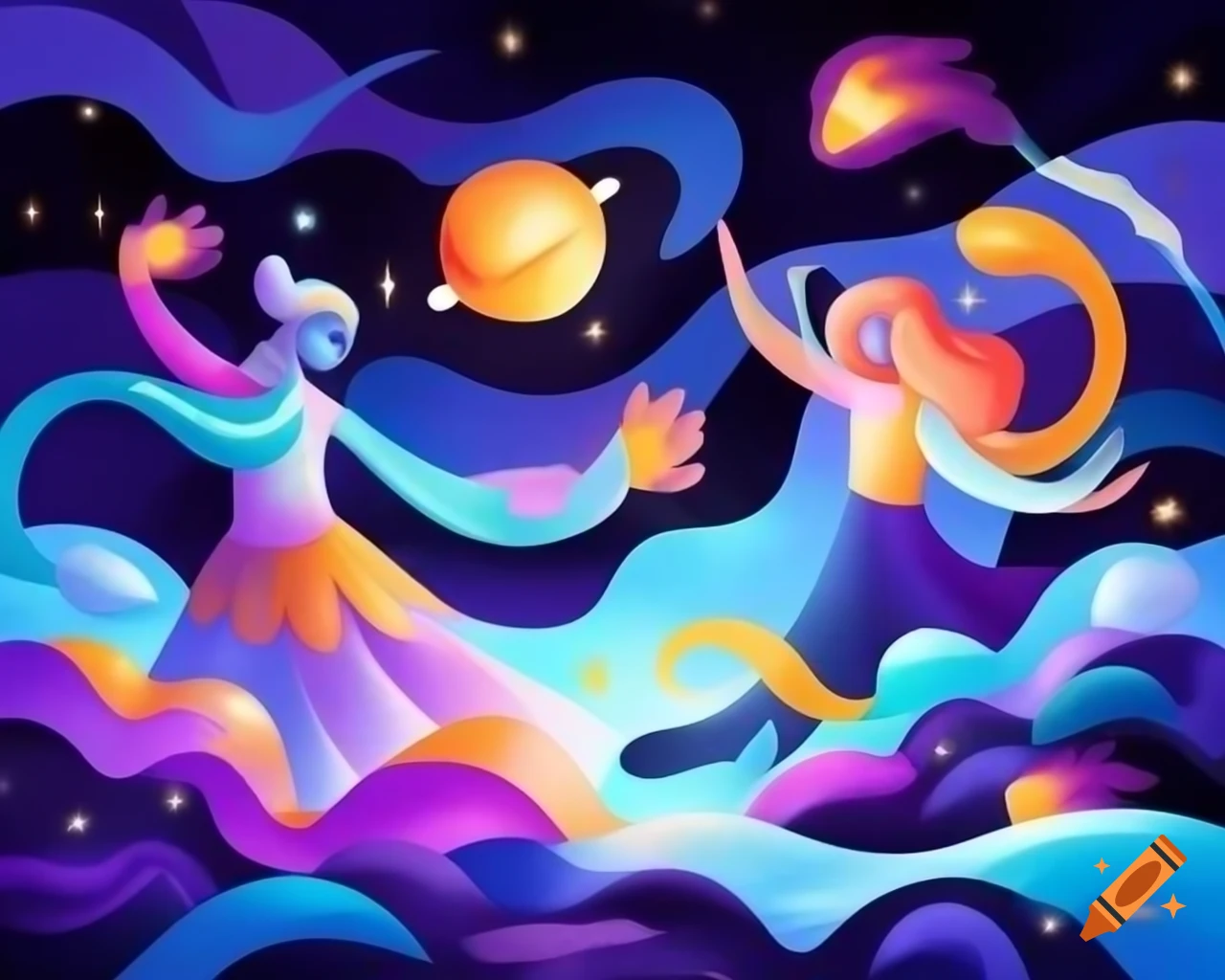 Ethereal beings dancing among colorful mists in whimsical landscape