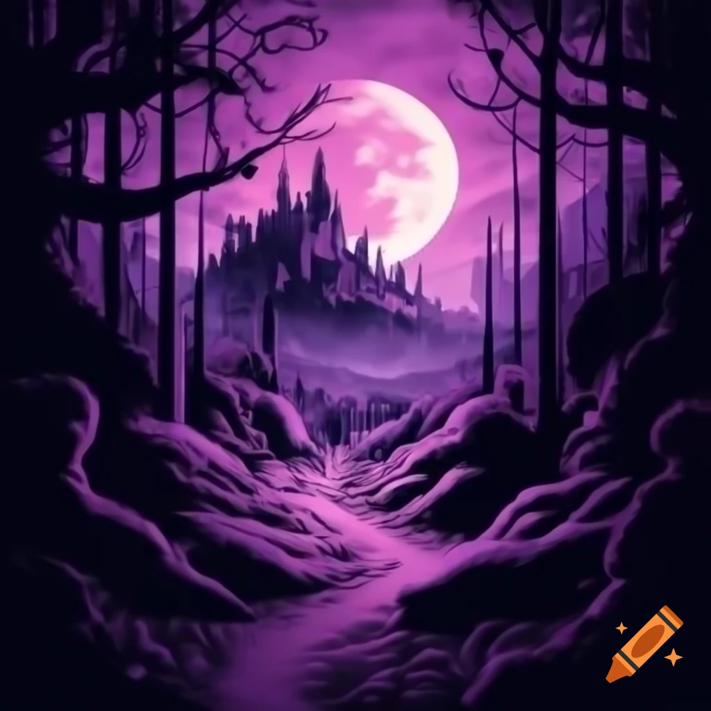 Purple forest trail with castle and full moon, dark fantasy illustration