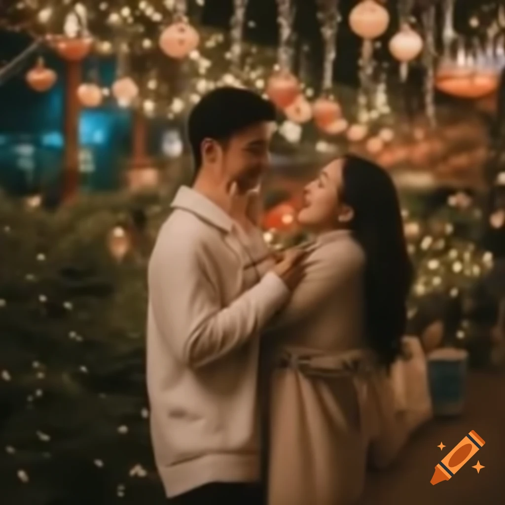 Couple enjoying Christmas evening under twinkling lights and Christmas tree