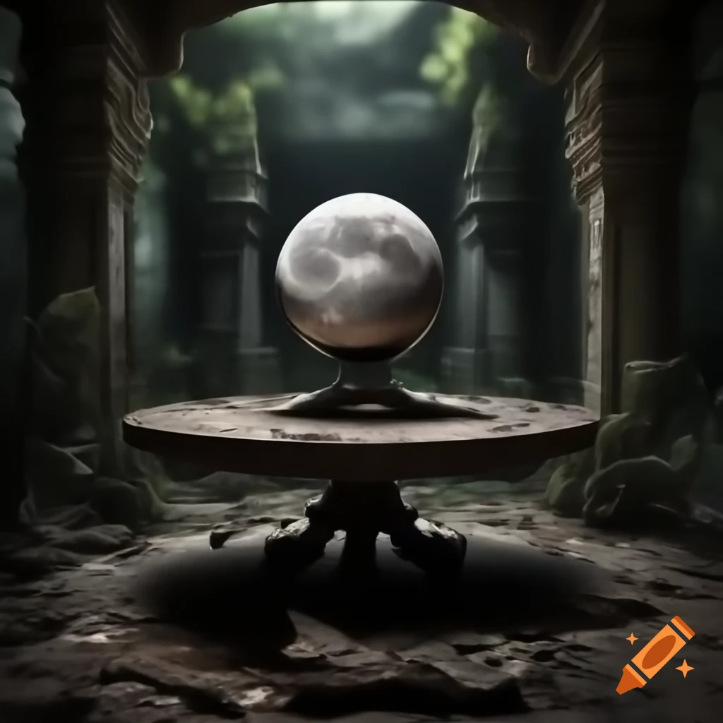 Detailed moon replica on ornate table in overgrown abandoned temple, photorealistic