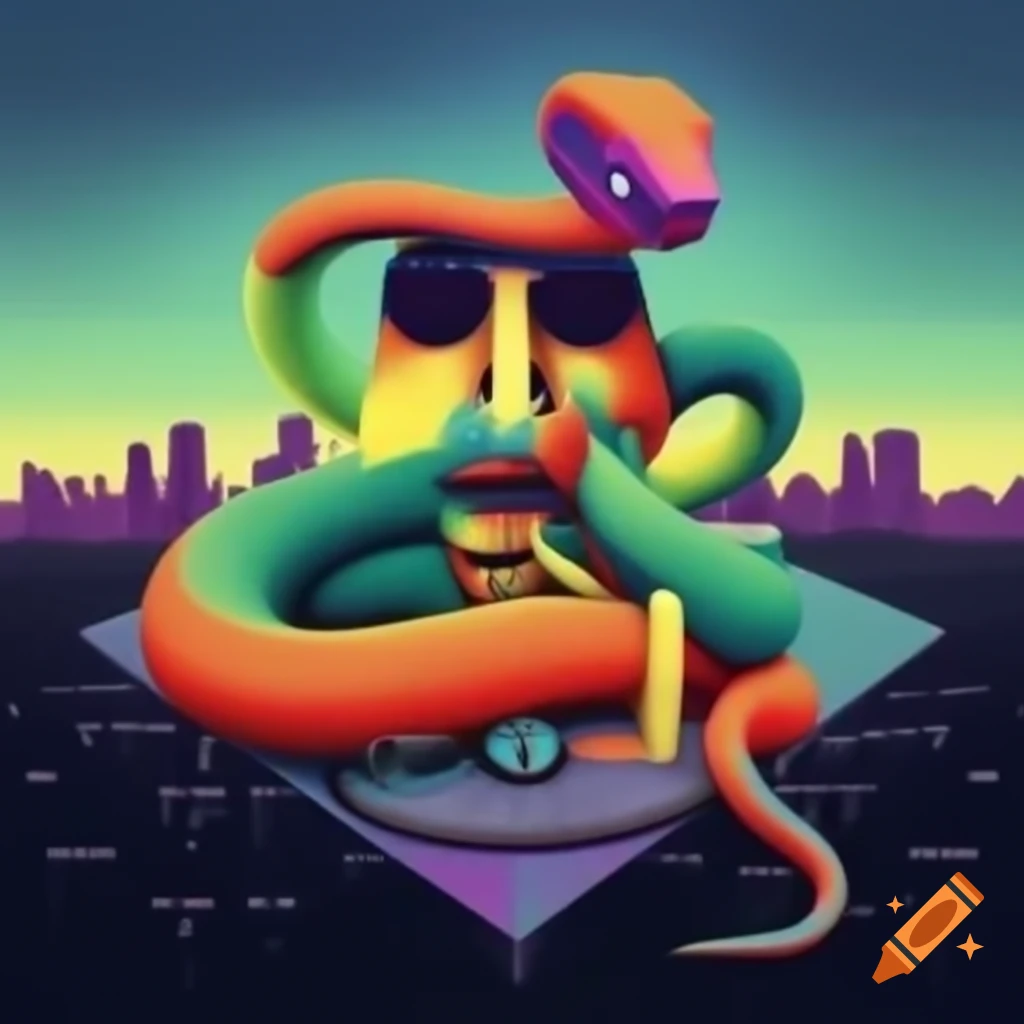Colorful rap album cover featuring snake with microphone coiled around city skyline
