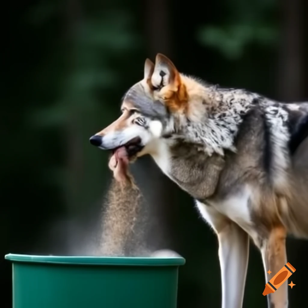 Wolf using paw to open dustbin
