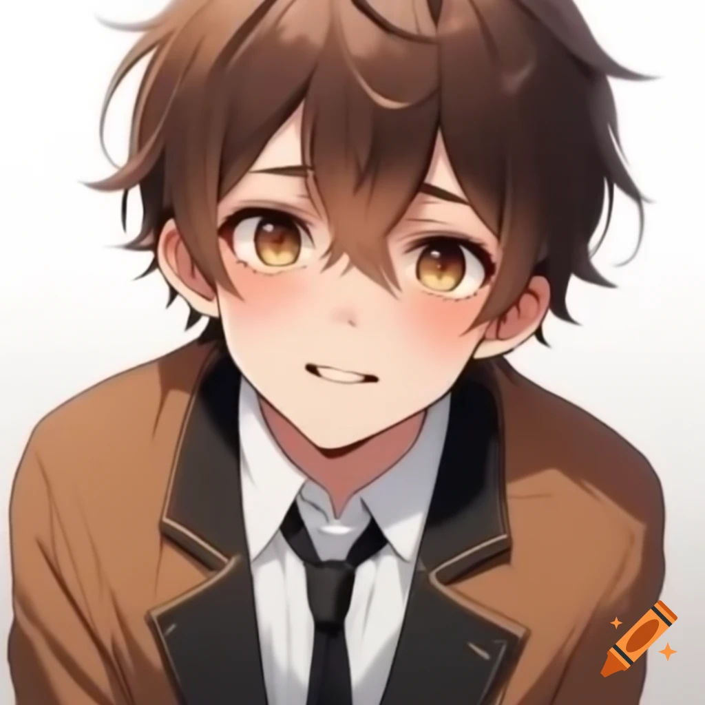 Anime boy with brown hair and eyes wearing a brown jacket and black tie, smiling shyly at the camera