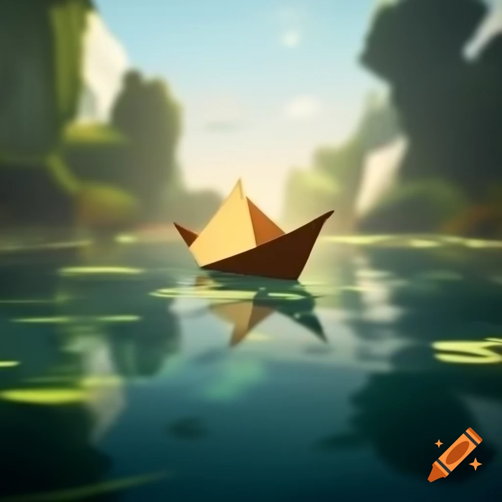 Digital art of paper boat floating in serene river at morning