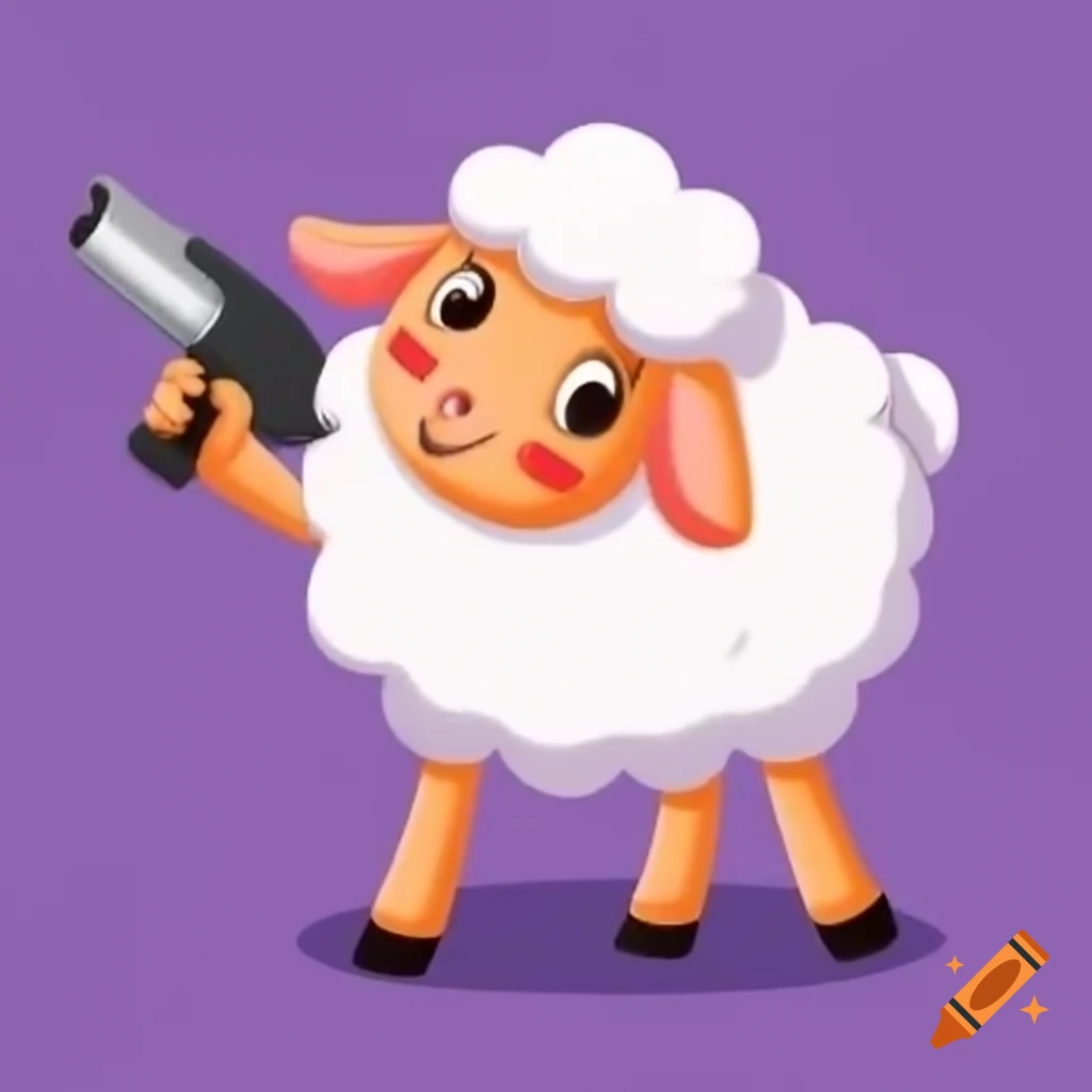 Sheep pointing with a gun in a humorous scene, high resolution