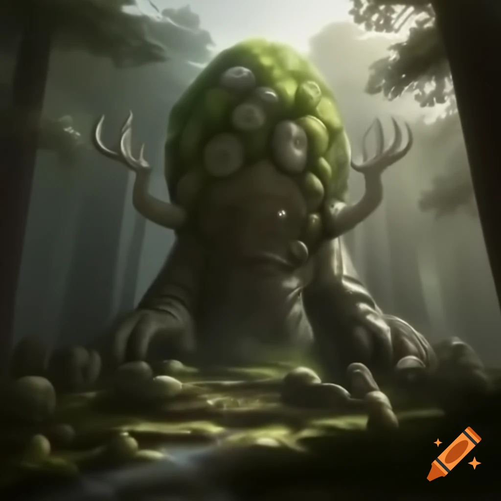 Ornate Aztec stone head in forest with floating hands