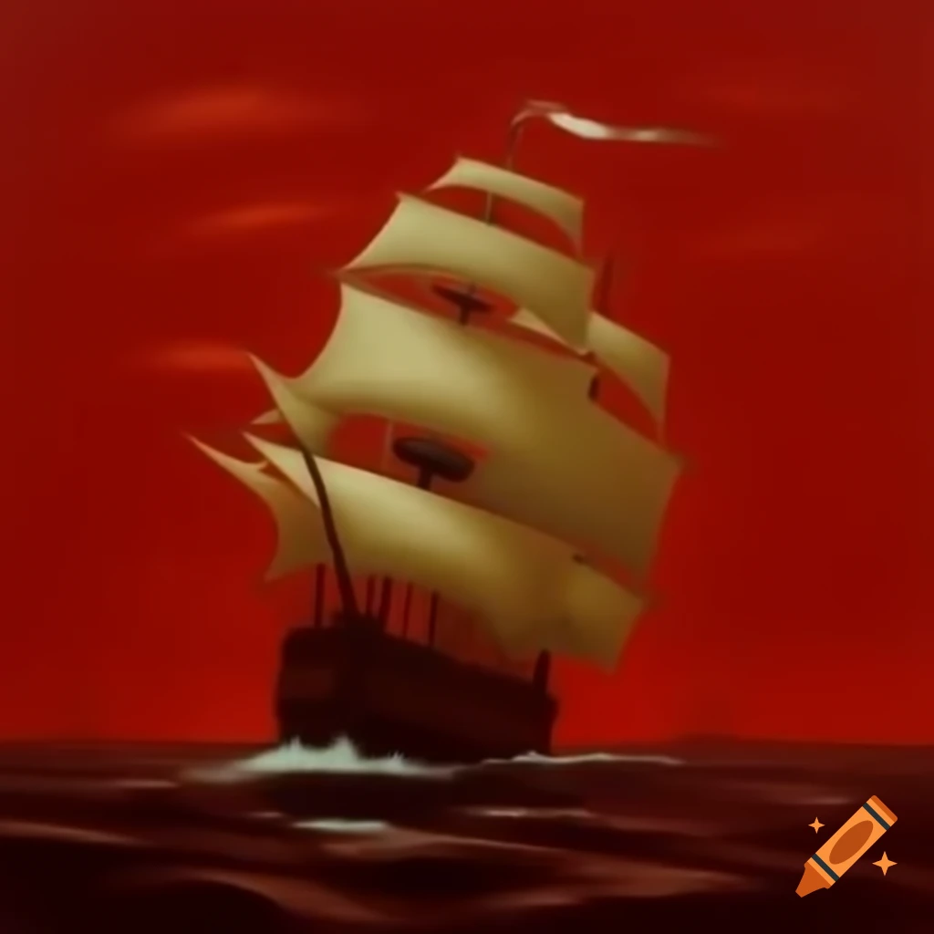 Ship silhouette against red background