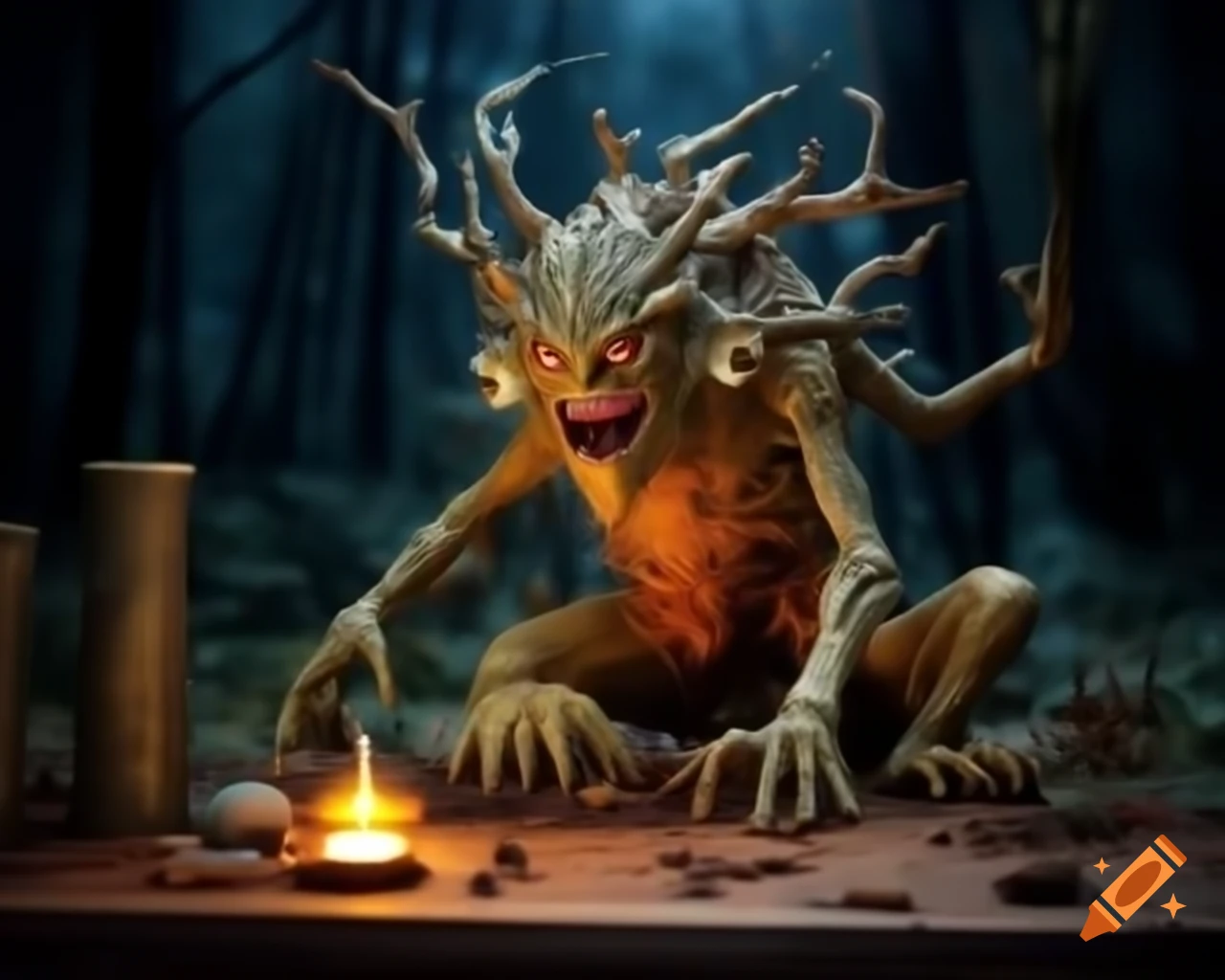 Hyper-realistic 3D tree monster with human-like teeth and fangs in dark woods