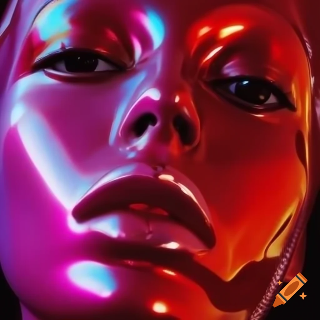 Iridescent red glass statue in pop surreal 2000's photography style