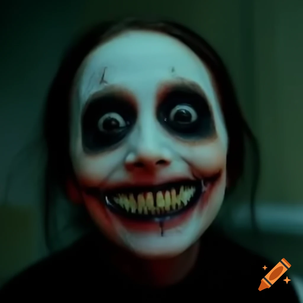 Distorted horror face with white scleras and a creepy smile