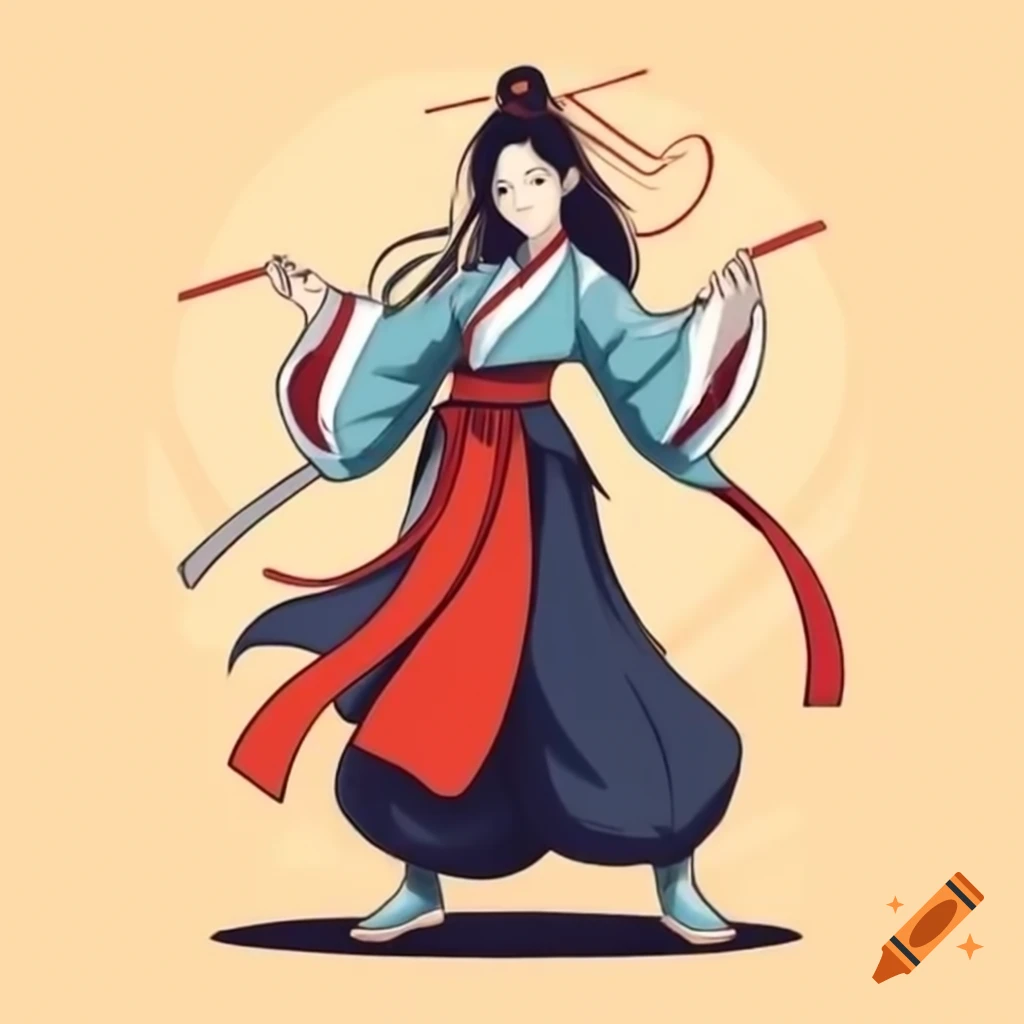 Martial arts heroine with long hair in 1800s Asian-inspired outfit
