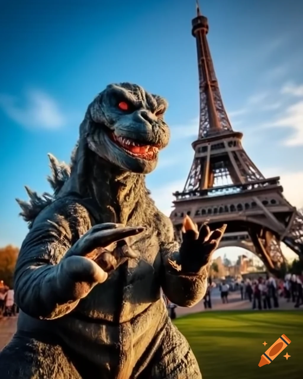 Hyper-realistic Godzilla mascot doing peace sign in front of Eiffel Tower