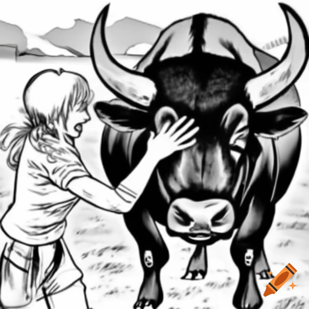 Woman patting the head of a buffalo
