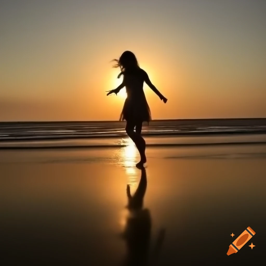 Setting sun casting shadows on sandy shore as young woman walks by gentle waves