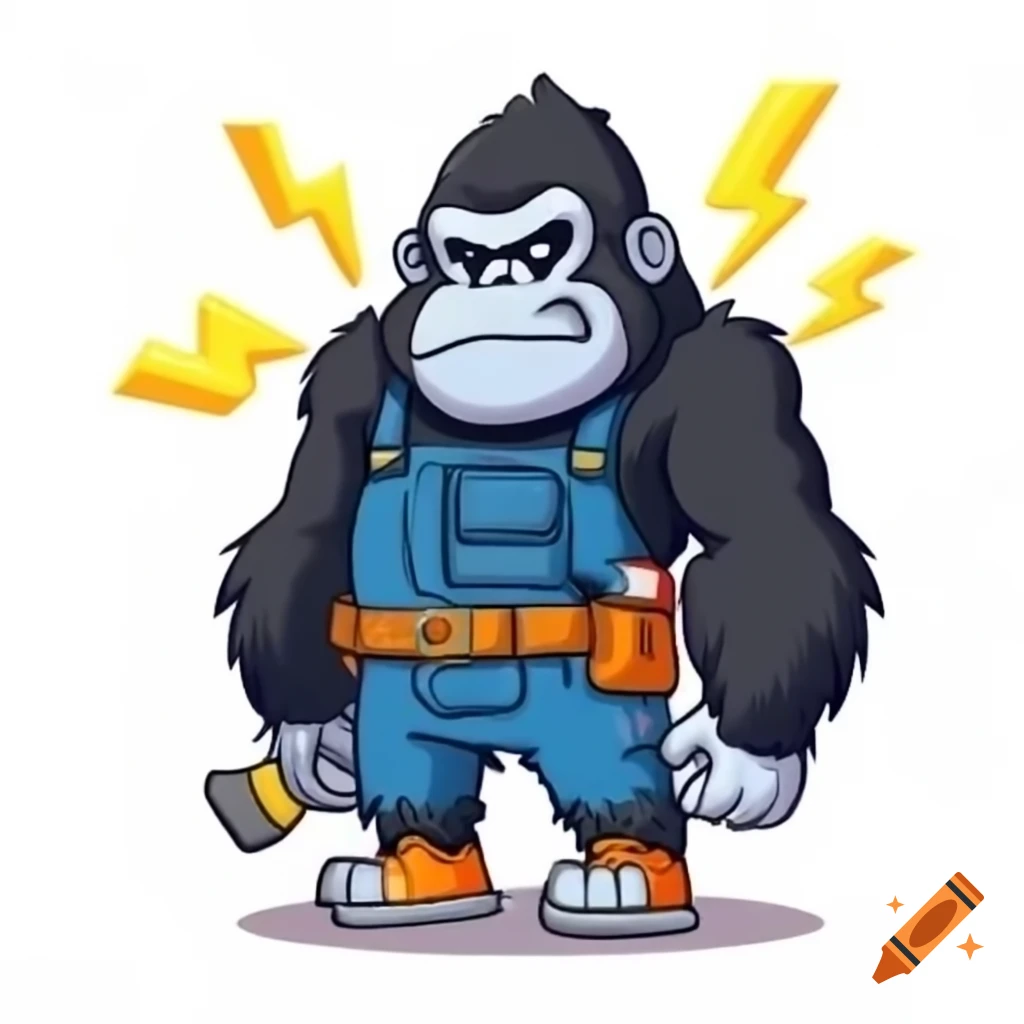 Cartoon gorilla in jeans and tool belt dramatically tearing off t-shirt with lightning bolt