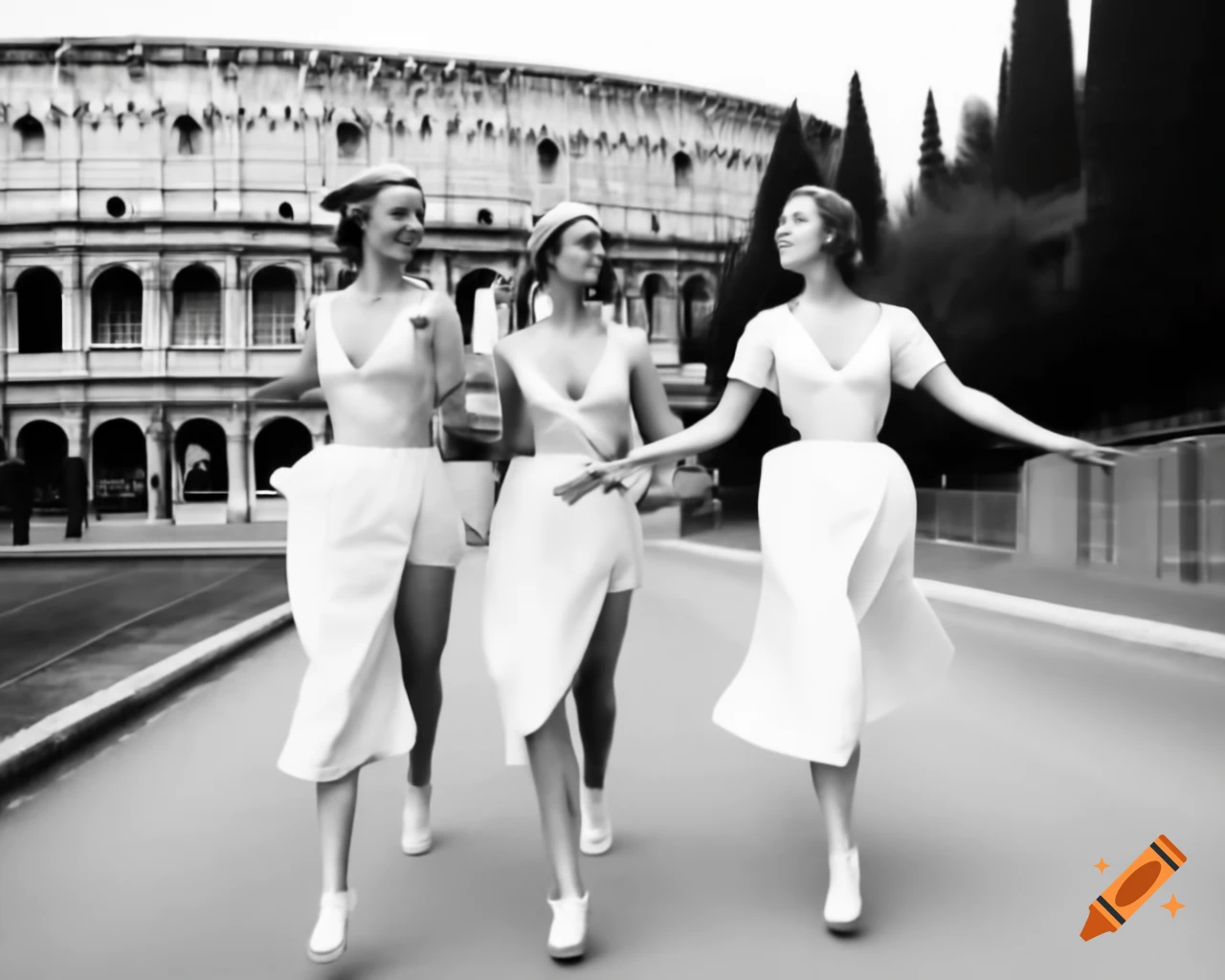 Vintage scene at Roman Colosseum with elegantly dressed woman