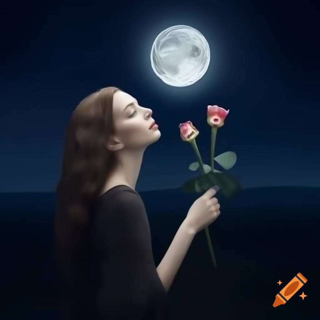 Adult English woman with rose in dark dress under moonlight, photorealistic