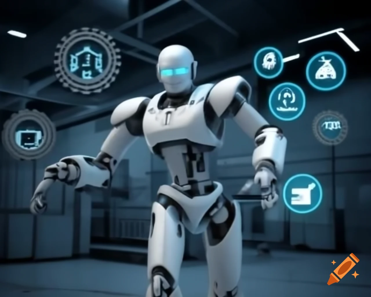 Sleek modern robot in industrial setting holding balance scale with diverse products