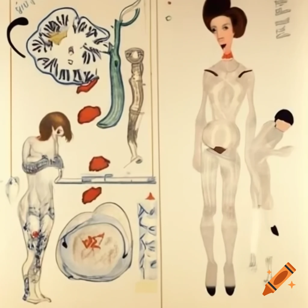Collaborative drawing by Egon Schiele and Louise Bourgeois exploring subconscious themes with organs and mushrooms