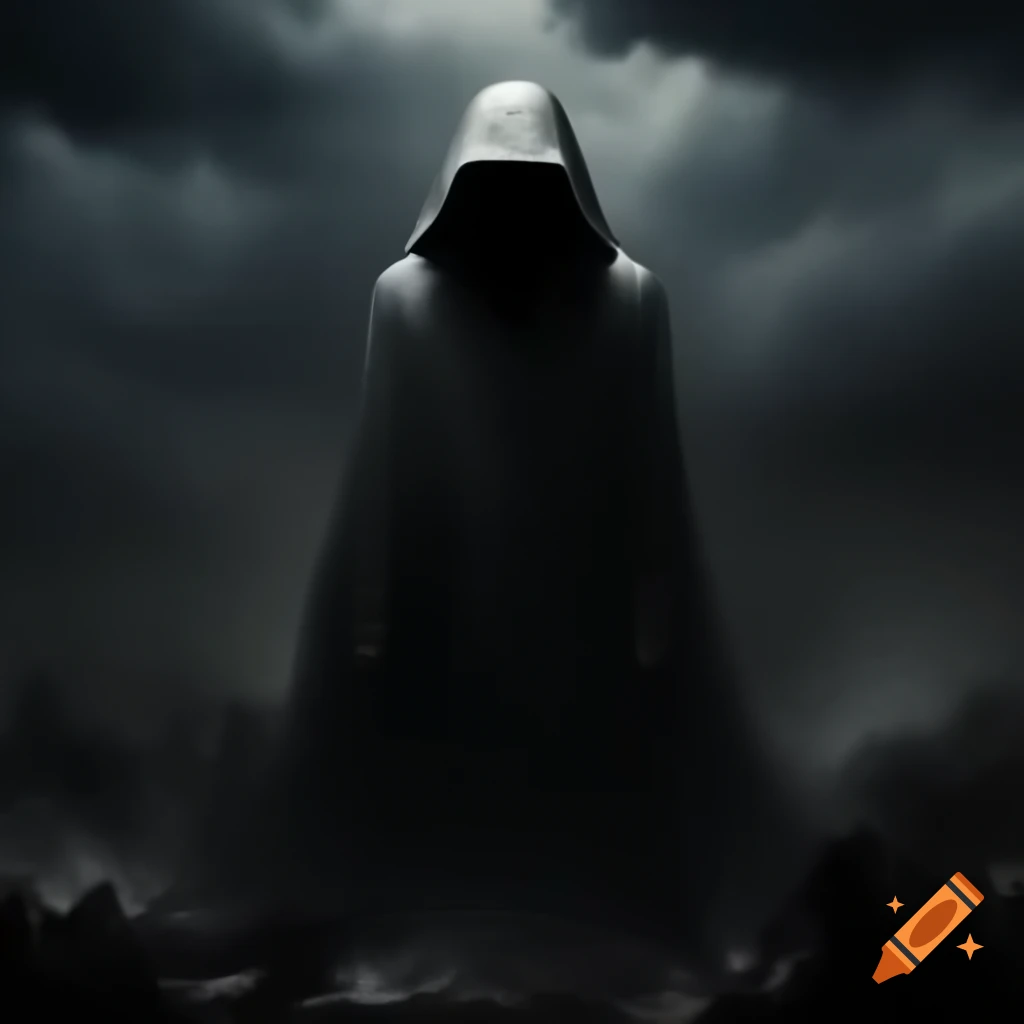 Silhouette of dark figure in flowing robes against stormy chaos