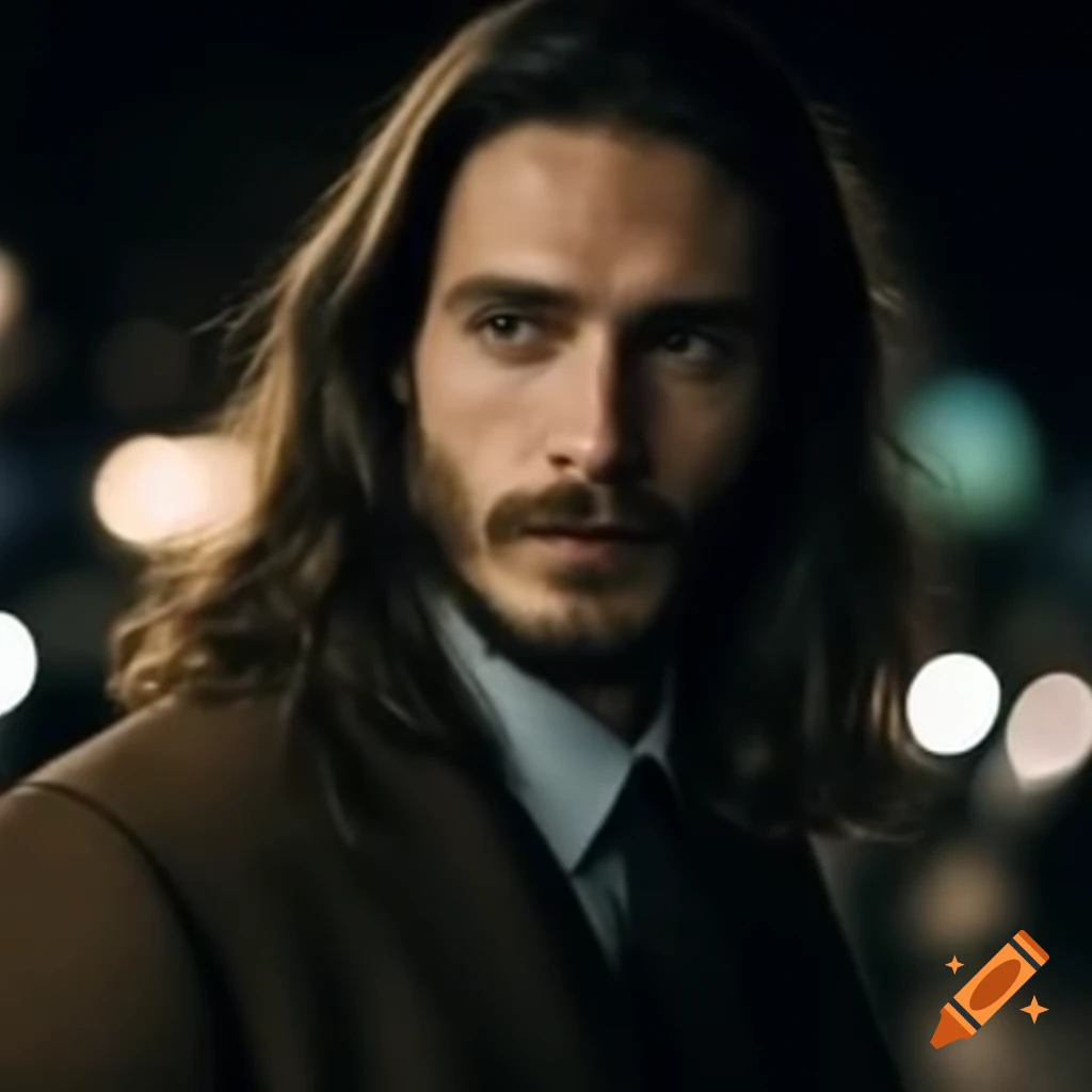 Pale aristocratic man in brown business suit in nighttime San Francisco
