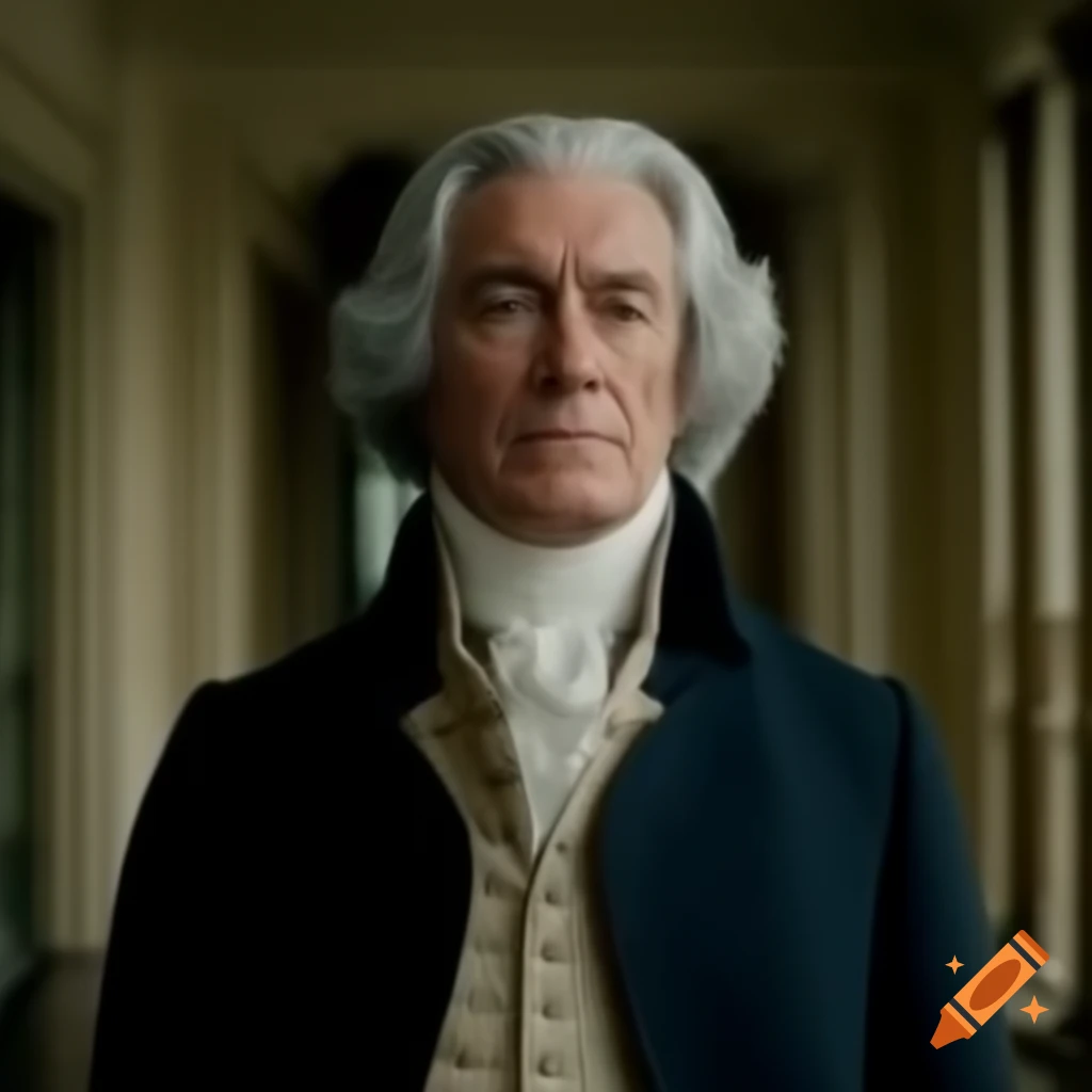 18th century butler with grey hair in mansion hallway