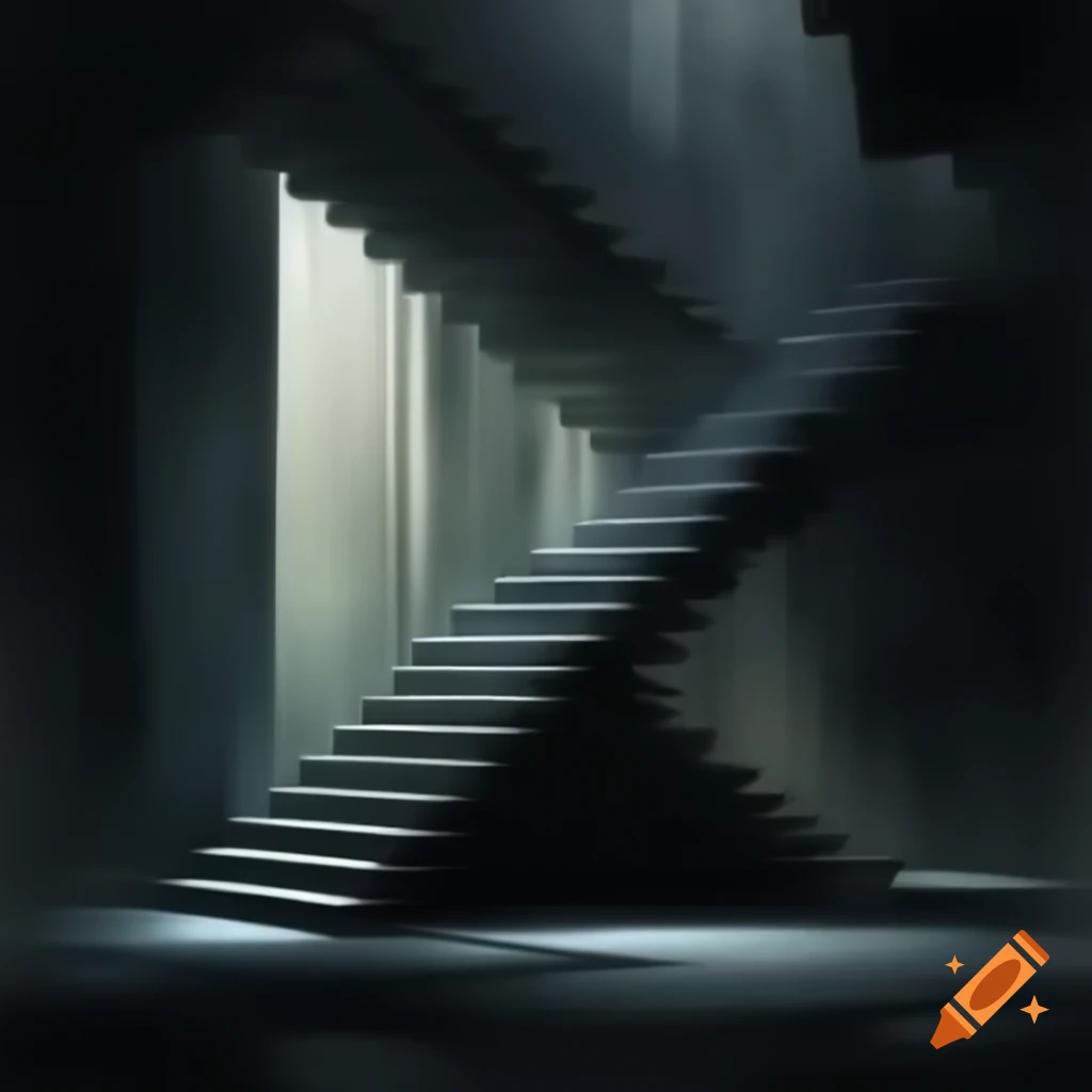Chilling portrait of brutalist design with skeletal staircases against a void