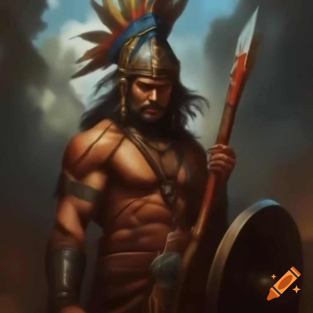 Taino warrior king in traditional attire with weaponry and jewelry