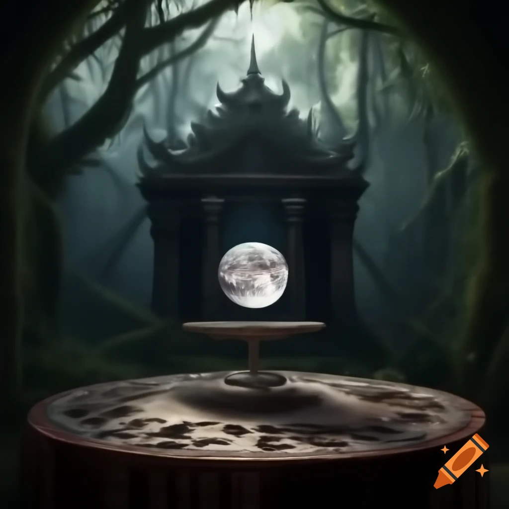 Realistic replica of moon on ornate table in abandoned overgrown temple