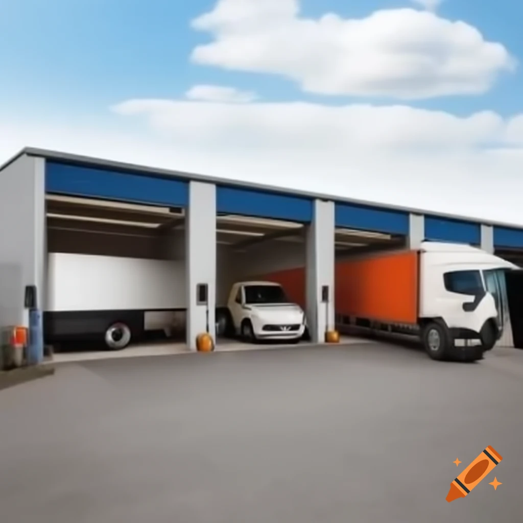 Commercial garage with lorry, van, tractor, trailer, and scooter parked in front