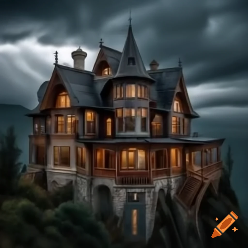 Isolated gothic mansion with Argentinian wood architecture on cliff during storm