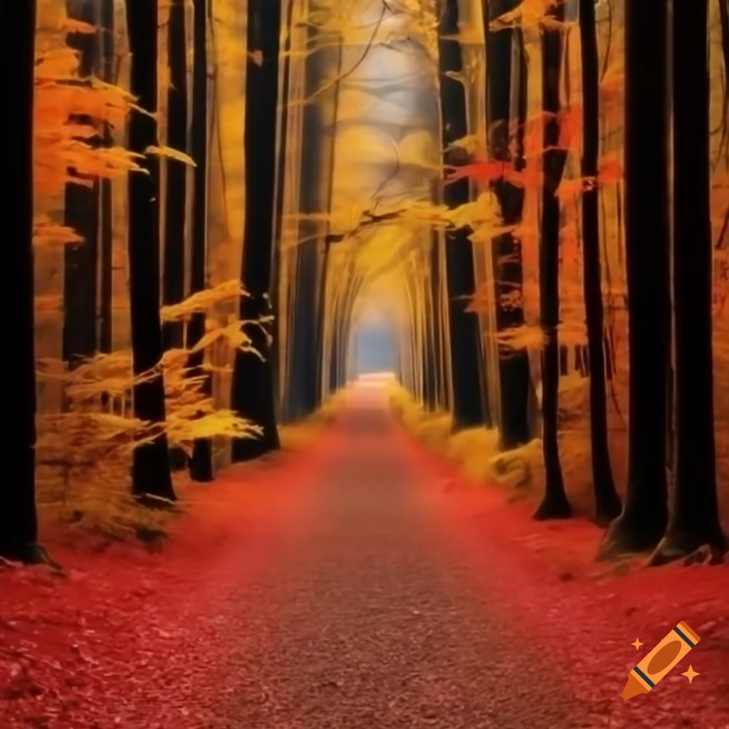 Forest path through vibrant autumn leaves in 4k quality