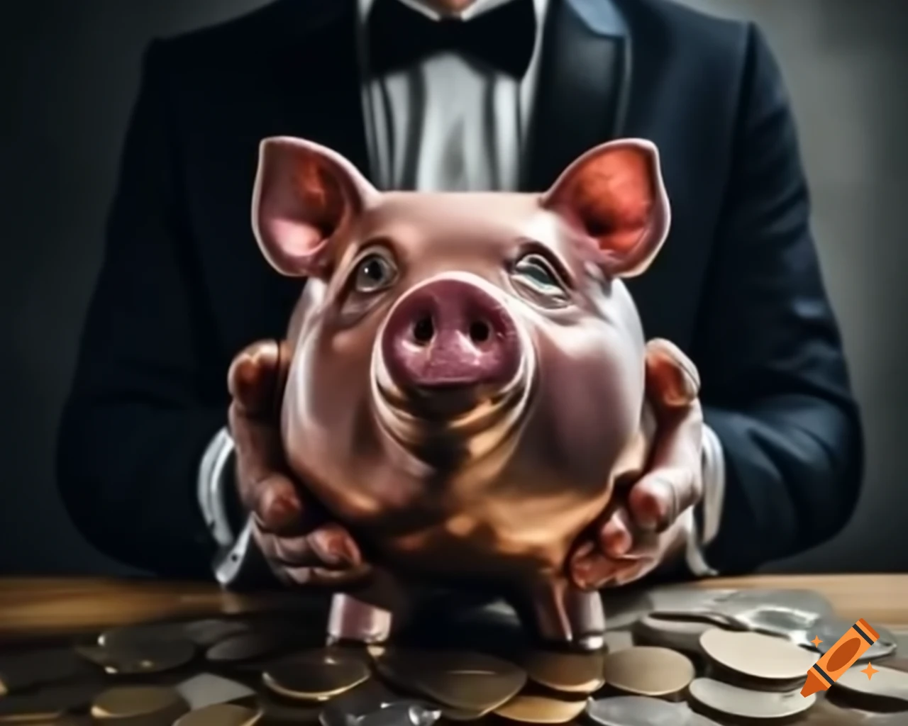 Dapper piggy bank in tuxedo ready for coins