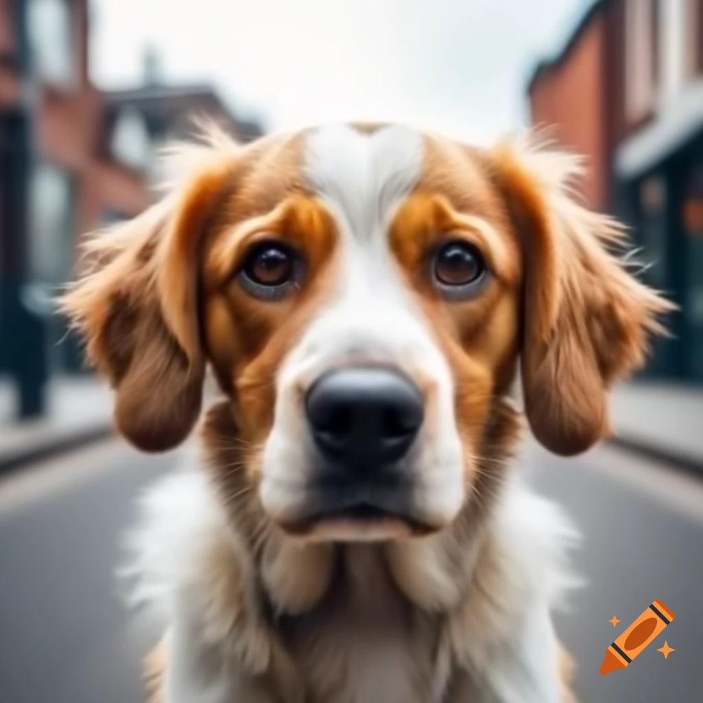 Ultra realistic dog looking at camera with calm street backdrop