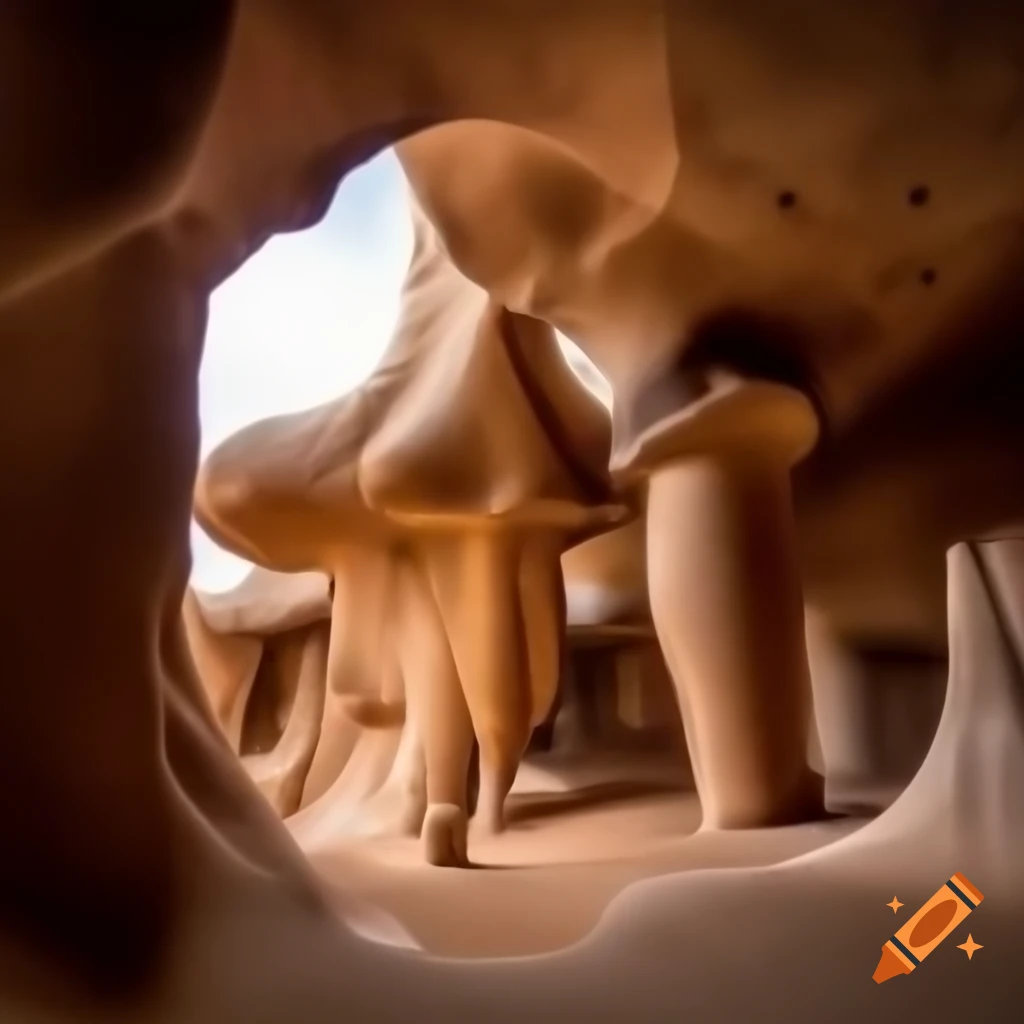 Ancient stone hoodoo pillars carved into strange figures, malachite hues