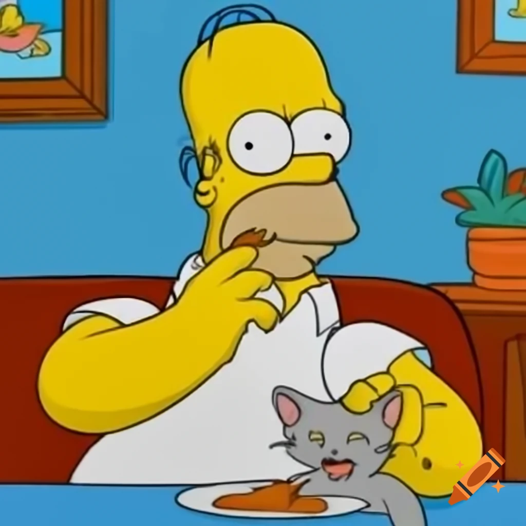 Homer Simpson humorously depicted eating a cat