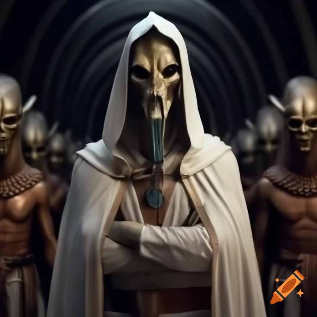 Tall skinny masked figure in white robe and headdress in a desert landscape