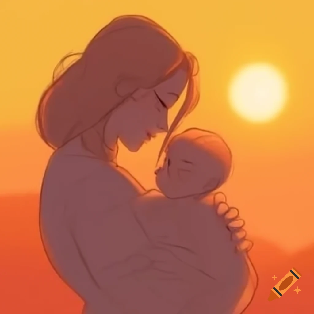Silhouetted mother cradling baby against setting sun