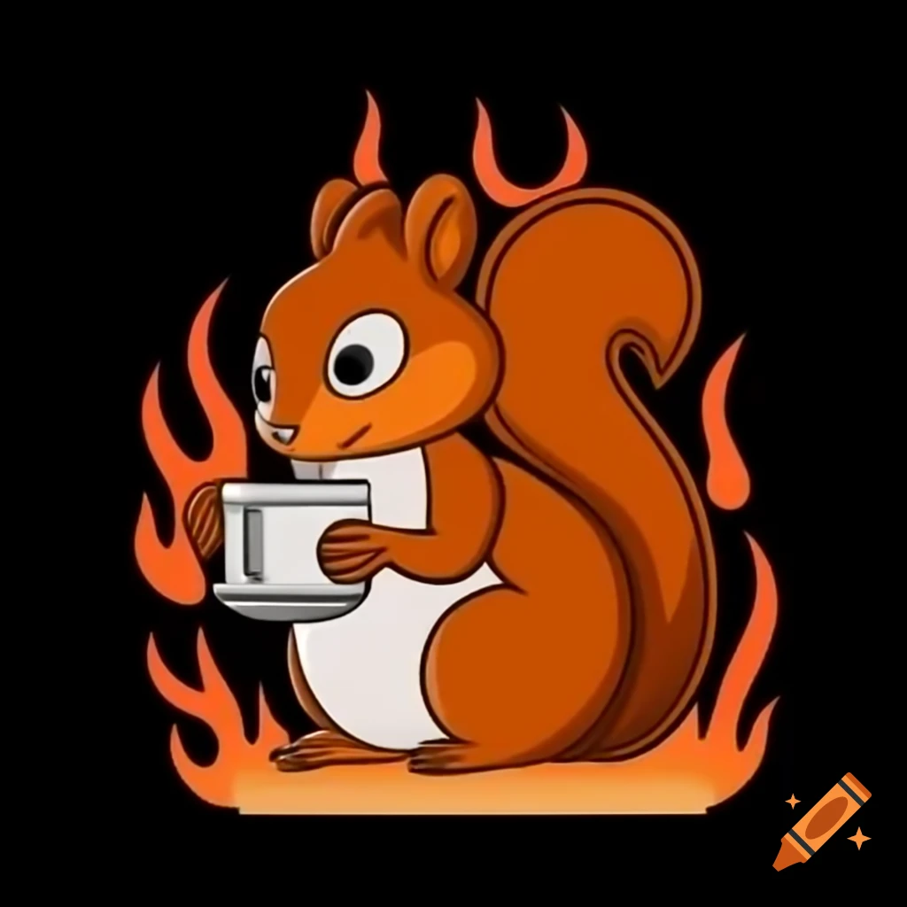 Vintage squirrel sipping coffee with flames around it