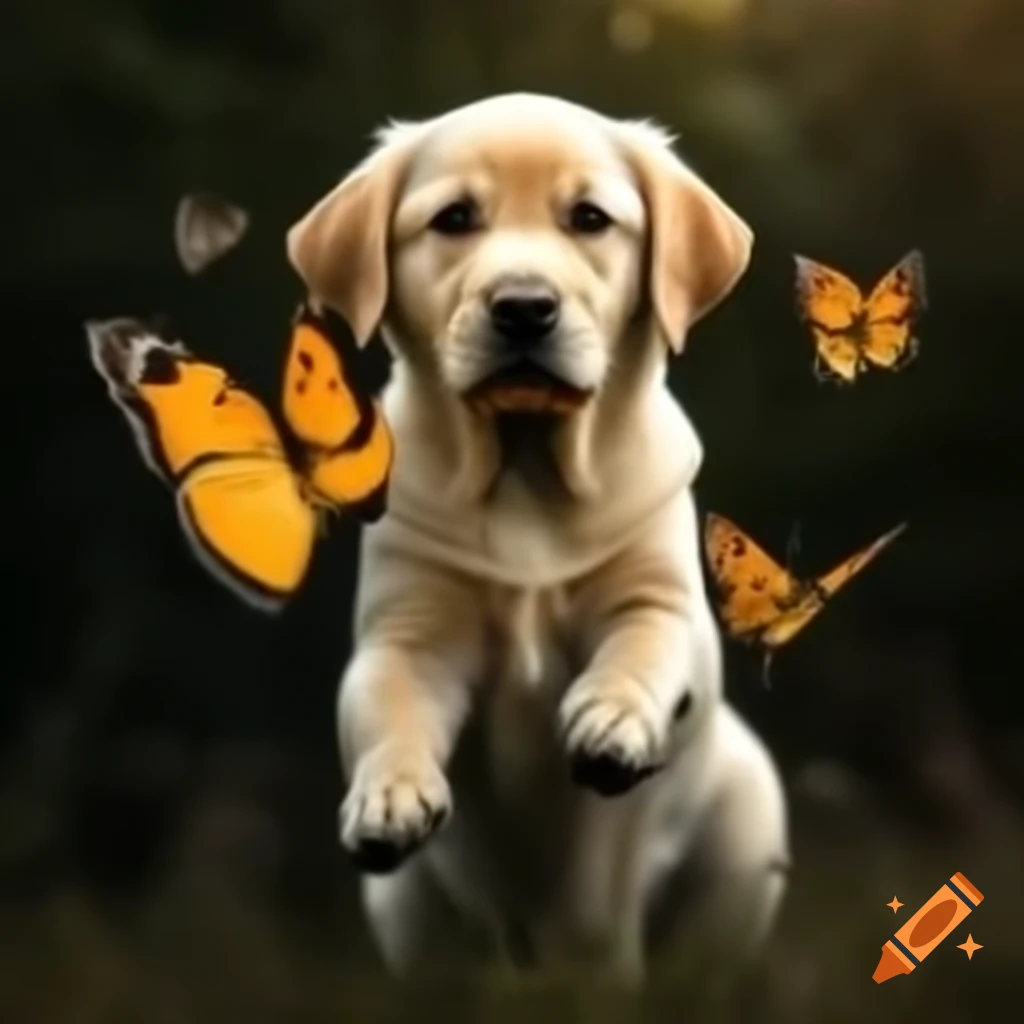 Realistic yellow labrador dog chasing butterfly