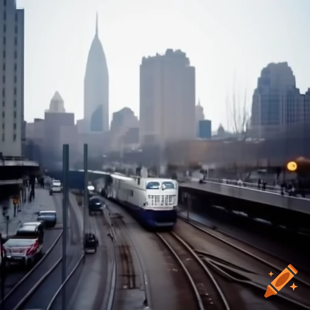 D62A train approaching 74th Street Station among skyscrapers in winter