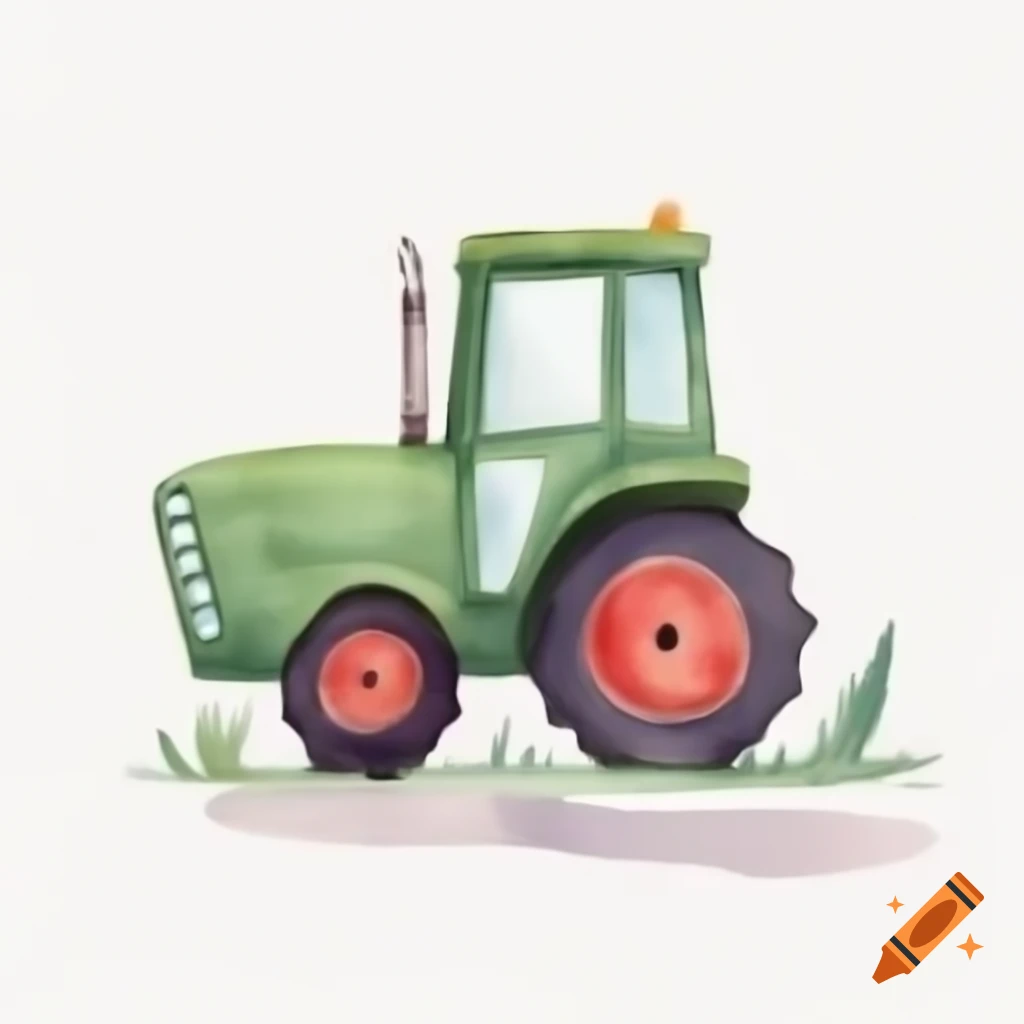 Cartoon-style tractor on white background, watercolor effect