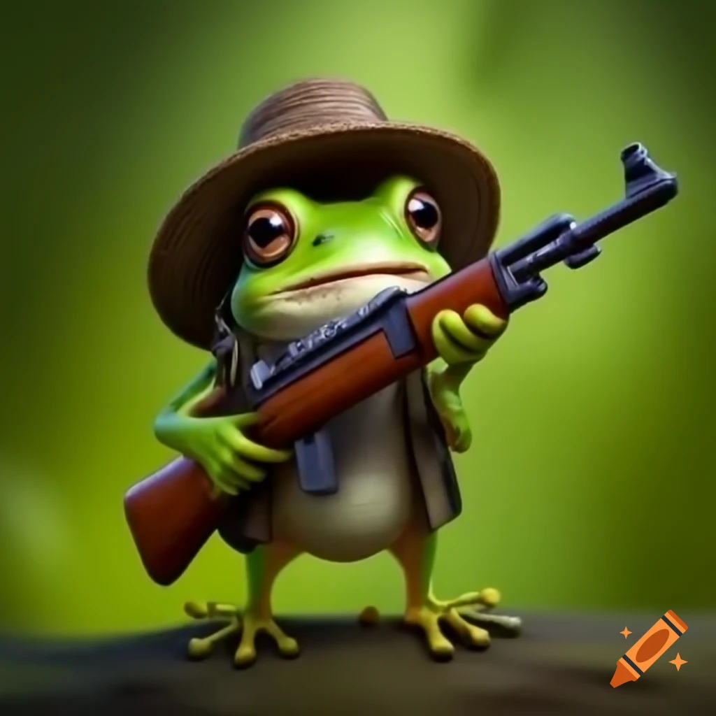 Frog holding a hunting rifle, whimsical concept