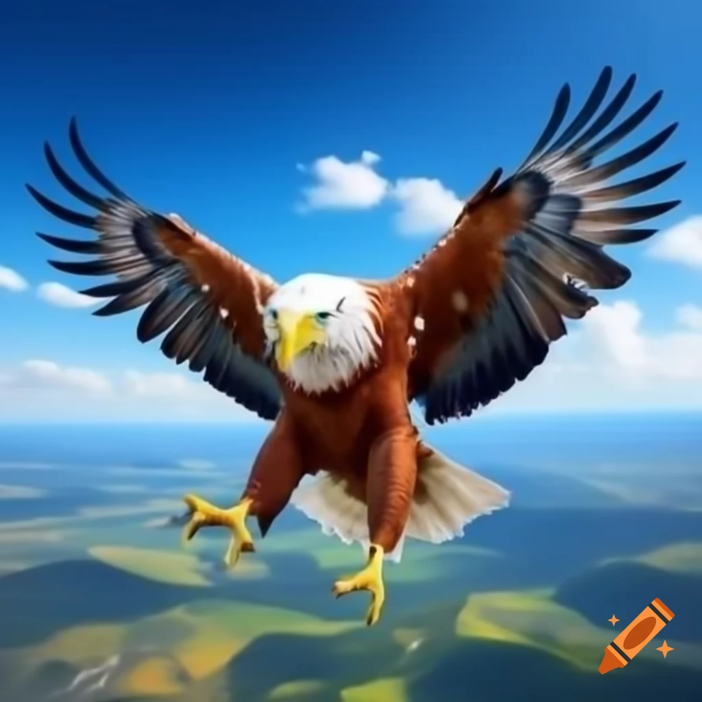 Yellow eagle soaring above Hungarian countryside with outstretched wings