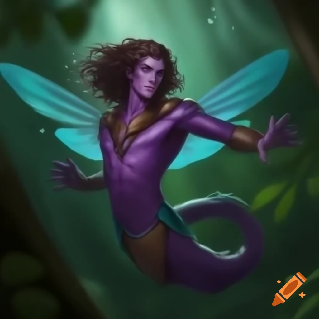 Dungeons & Dragons style male Sylph with dragonfly wings flying in forest