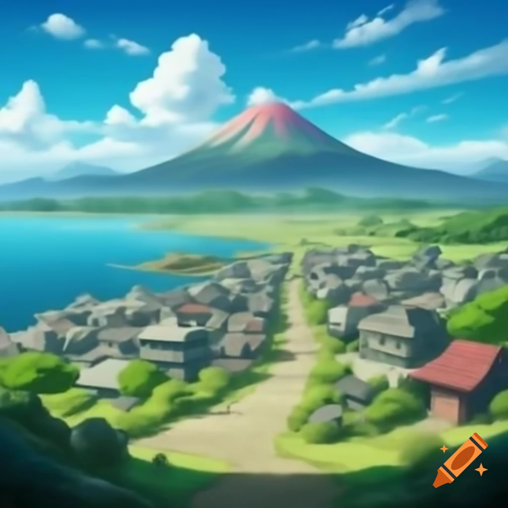 Quaint town inspired by Naruto near seashore and volcano, surrounded by lush greenery and flowering plants