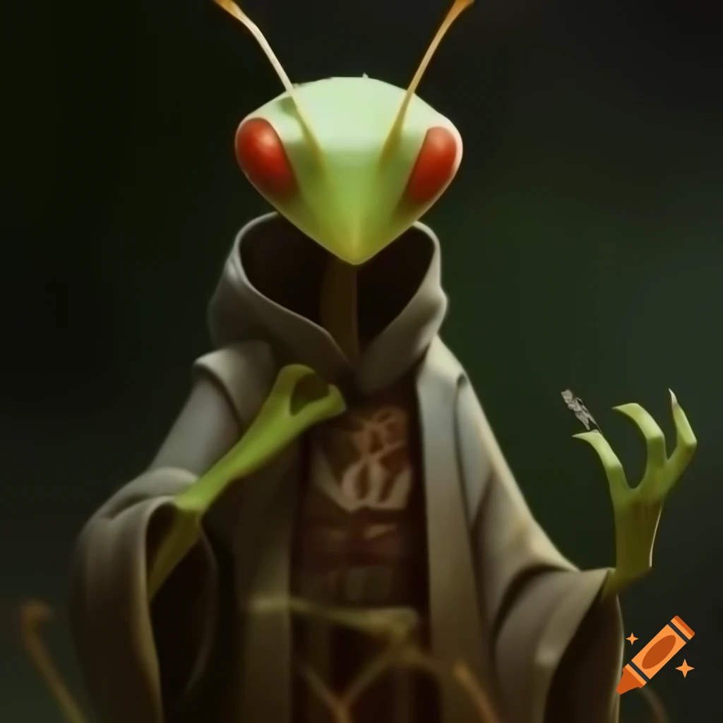 Mantis-like humanoid figure covered in fungal growth, wearing robes, D&D style