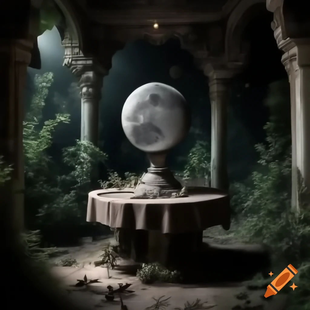 Photorealistic detailed replica of the moon on ornate table in overgrown abandoned temple